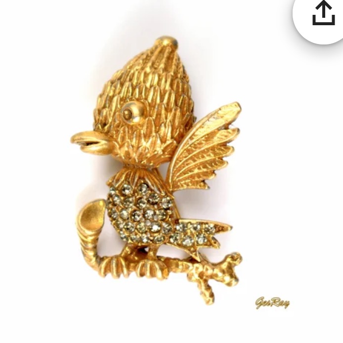 Vintage Rare Tortolani Baby Bird Brooch Pave Crystals And Brass